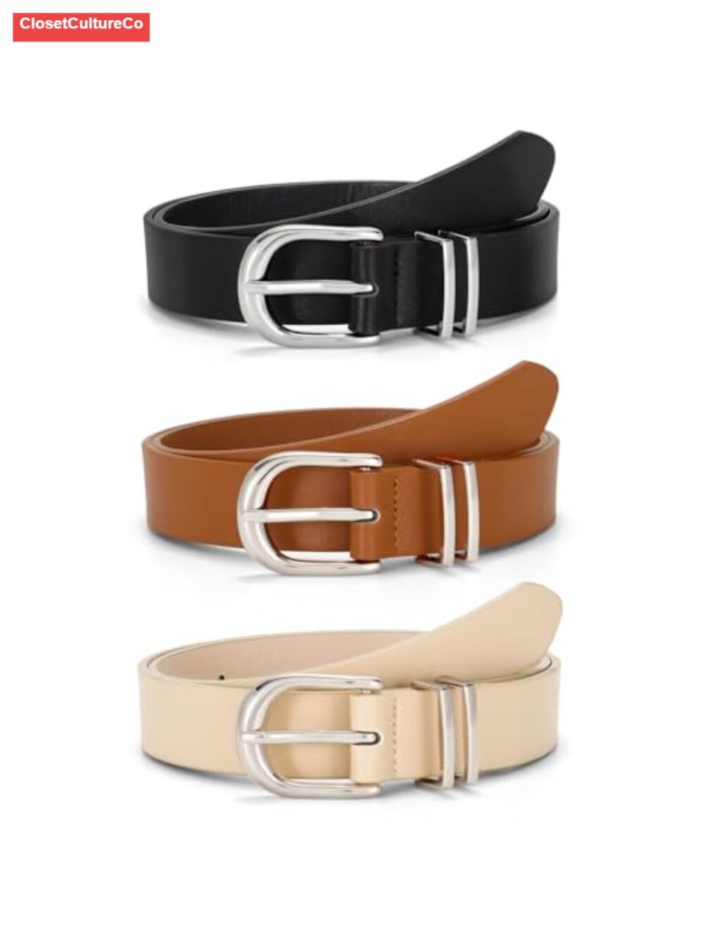 JASGOOD 3 Pack Women Faux Leather Belts with Gold Buckle 1.1" Adjustable